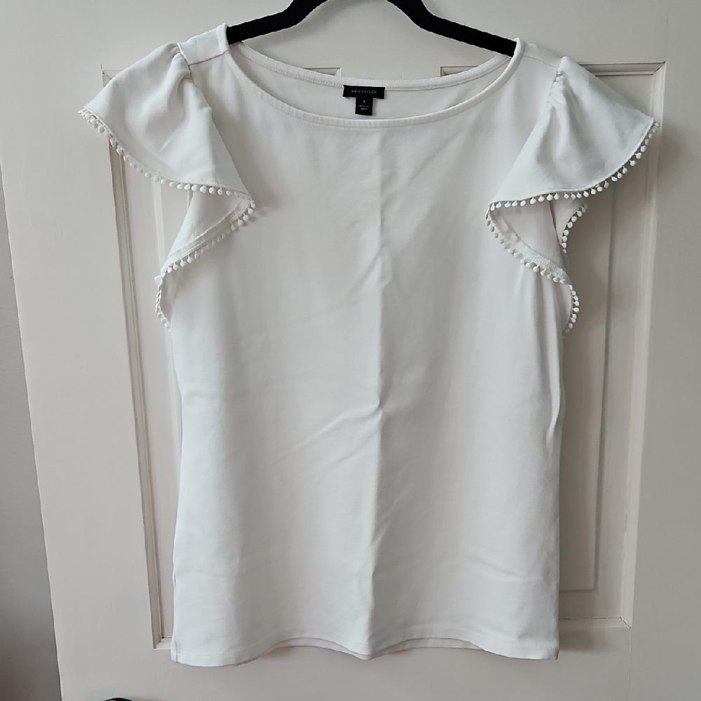 Ann Taylor Ivory Ruffled Short Sleeve Shirt